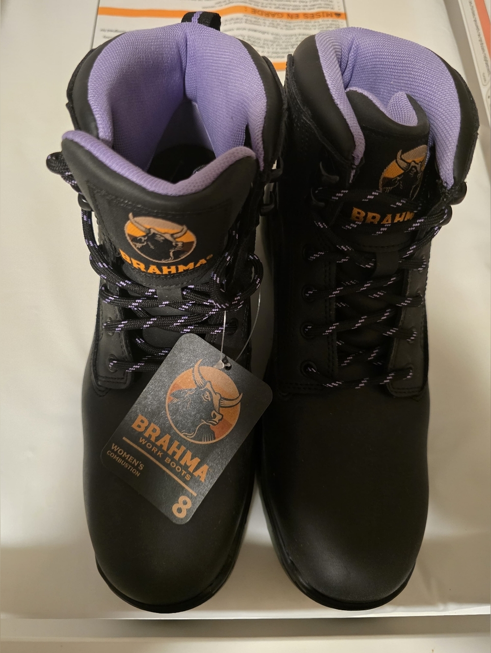 Brahma Women's Work Boots in Black with Purple Lining